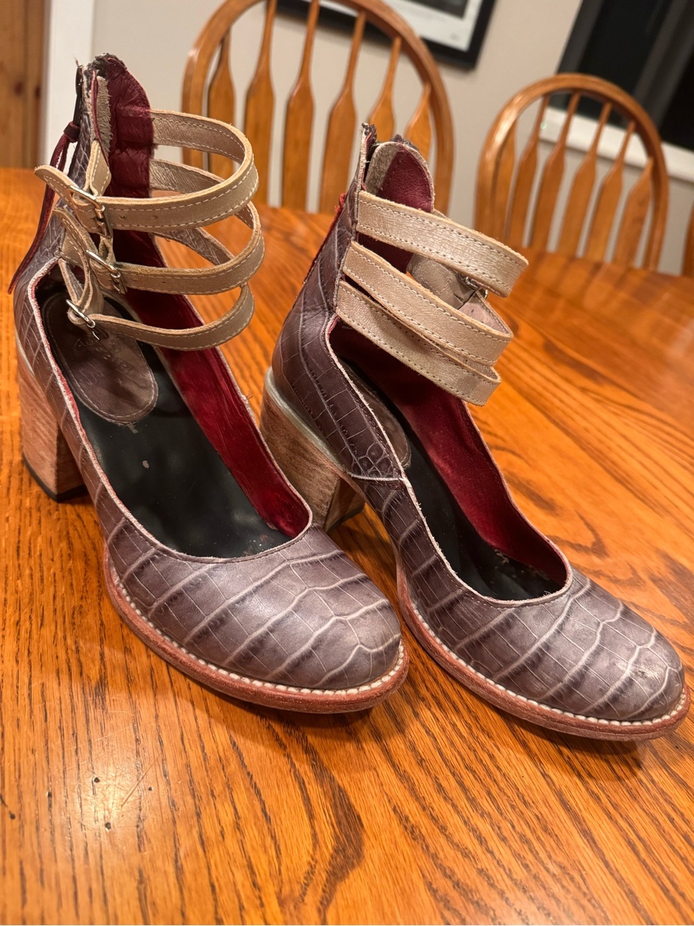 Freebird Women’s Textured Croc-Embossed Block Heel Pumps with Ankle Straps